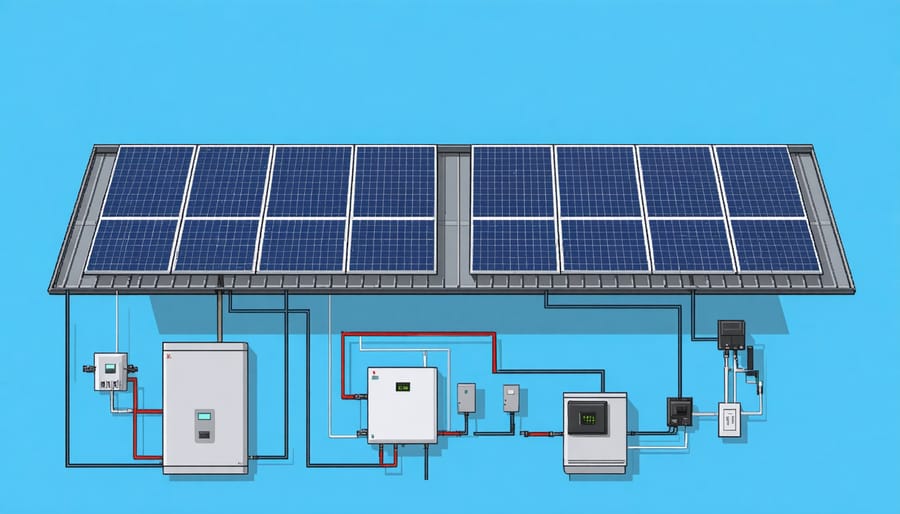 Illustration of a commercial rooftop solar system and its key components