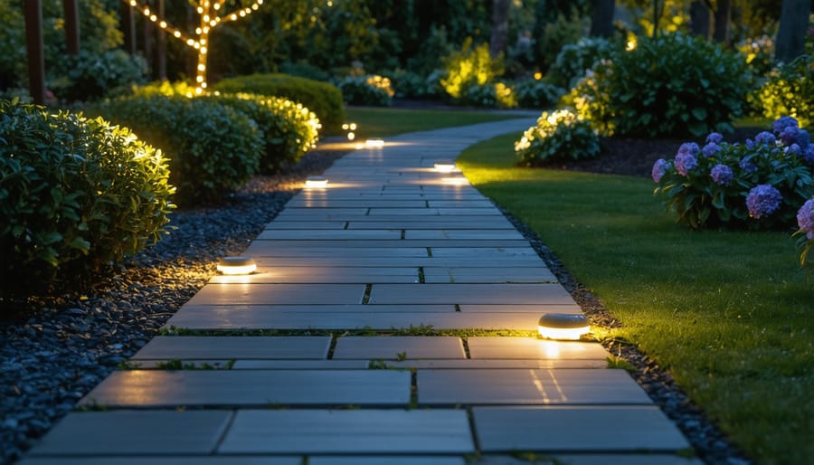 Soft light from solar-powered pathway lights guiding the way through a garden at twilight