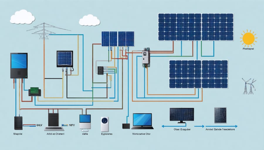 Detailed wiring diagram of an off-grid solar system including panels, charge controller, batteries, and inverter