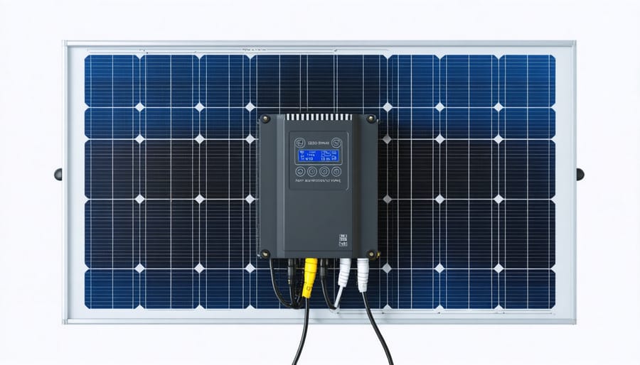 Detailed view of solar panel to charge controller wiring connections with labels