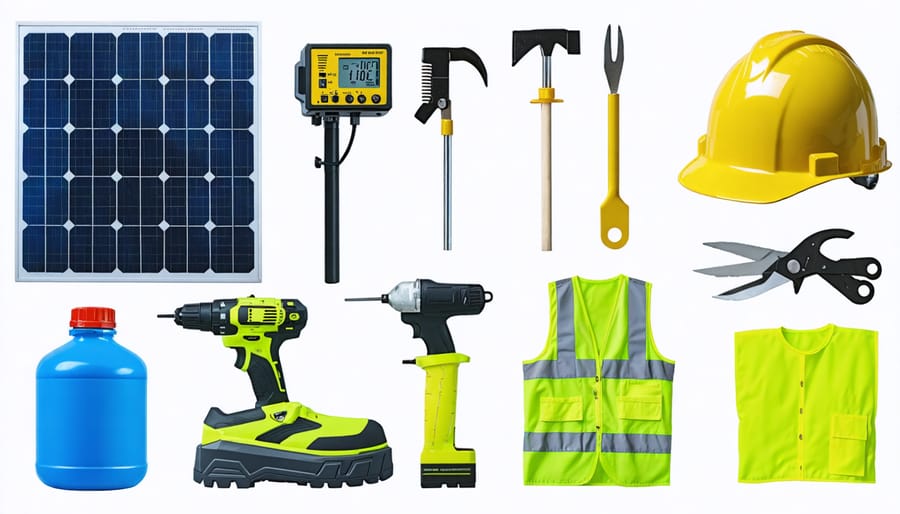 Layout of safety equipment including gloves, multimeter, wire strippers, and protective gear