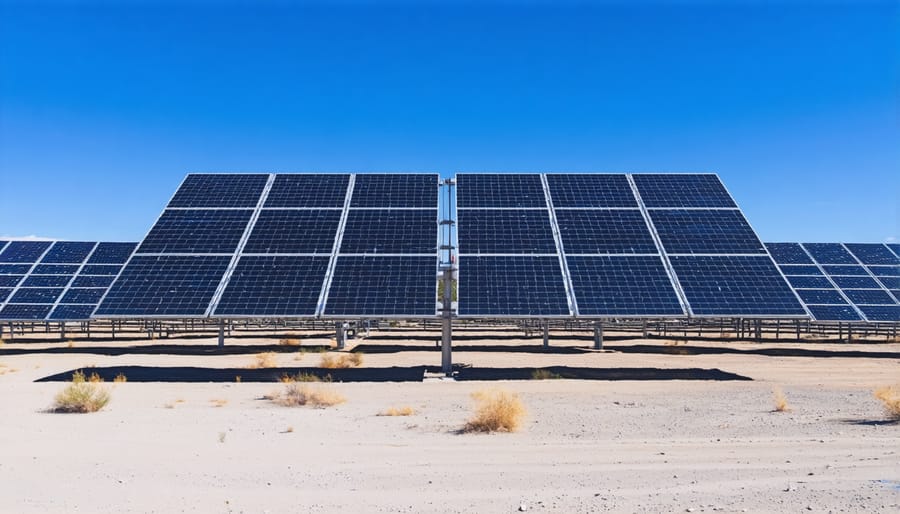 Large solar panel installation in desert with sun overhead and clear blue sky