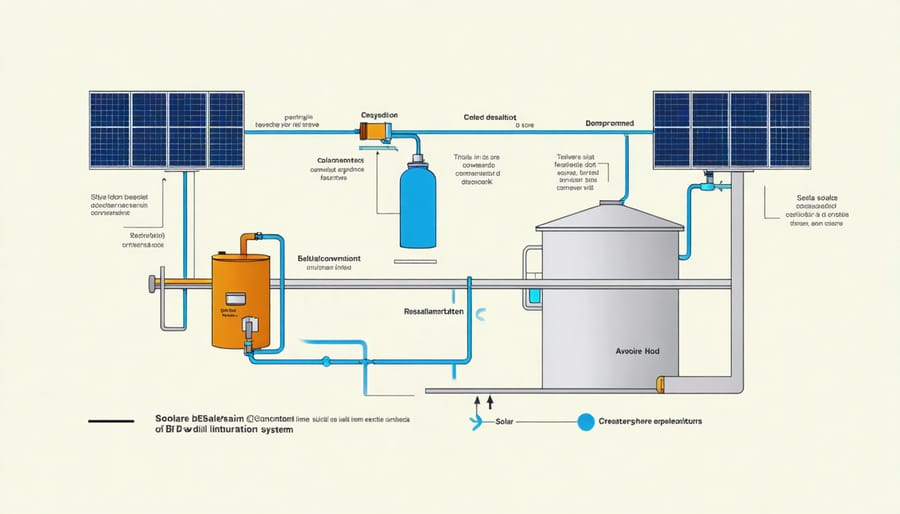 Technical illustration of solar desalination system components and water flow process