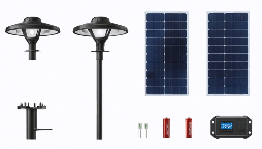 Exploded view of outdoor solar light components labeled for identification