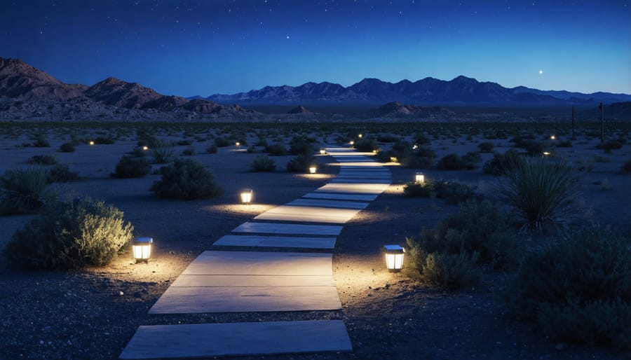 Night view of solar-lit desert pathway demonstrating strategic light placement