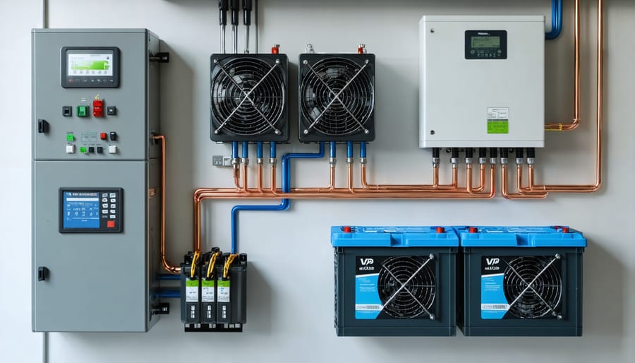 Detailed view of installed home battery backup system components and connections