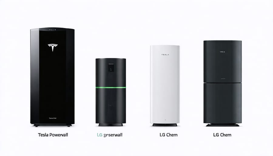 Comparison diagram of popular residential battery backup systems showing size and specifications