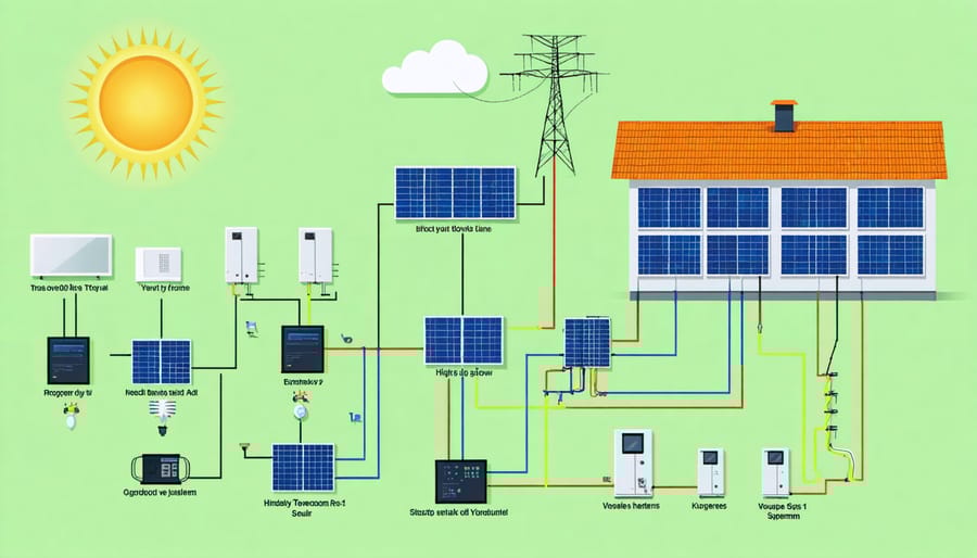 Detailed diagram of an off-grid solar system showing panels, batteries, inverter, charge controller, and household connections