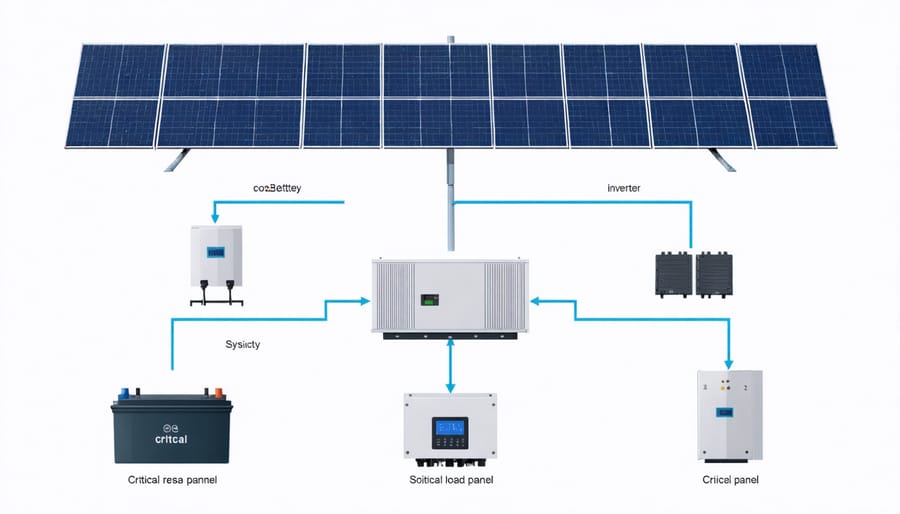 Detailed illustration of off-grid solar system components and connections