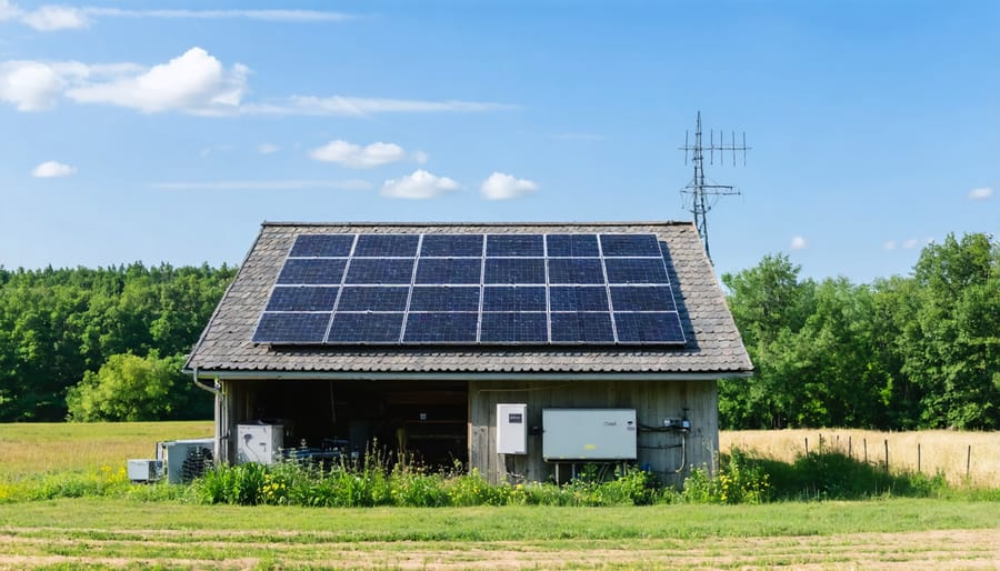 Real-world installation of solar panels and equipment housing for an off-grid system
