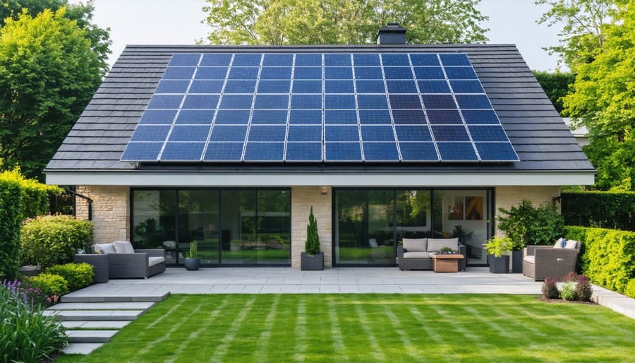 Solar panels installed on a residential roof overlooking a well-maintained outdoor living space