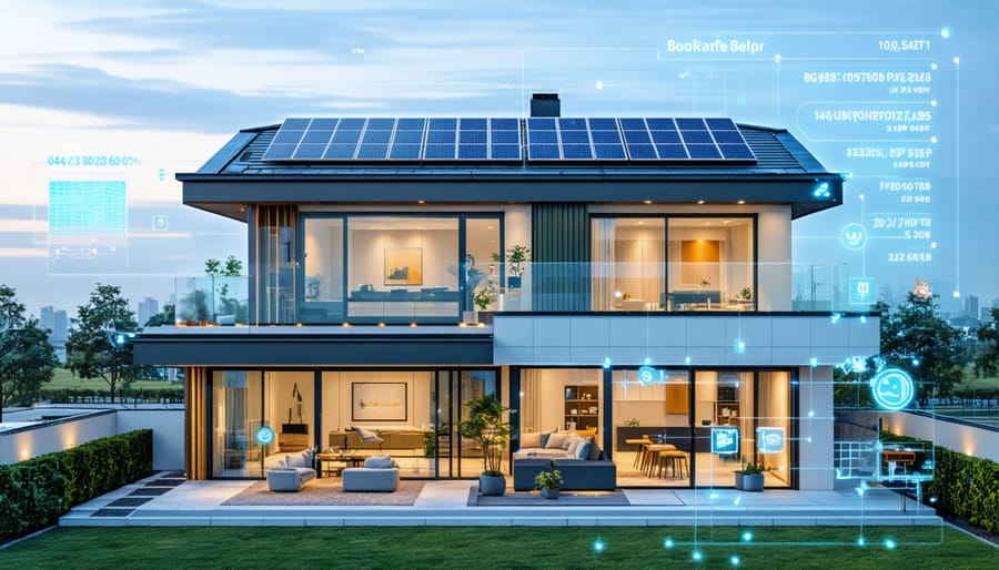 Residential property with solar panels and graphical overlay showing increased home value