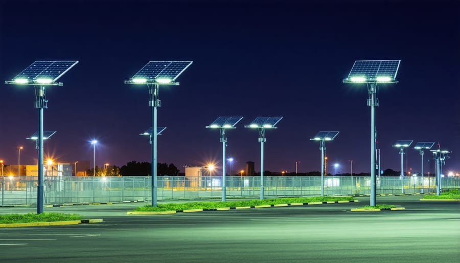 Industrial warehouse exterior lit by solar-powered security lights
