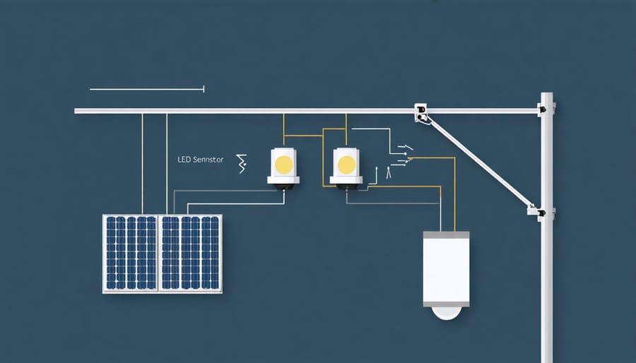 Technical illustration of solar industrial light components and assembly
