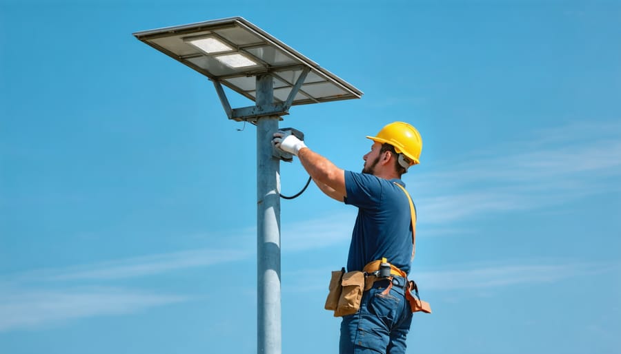 Professional installing solar industrial light with proper positioning