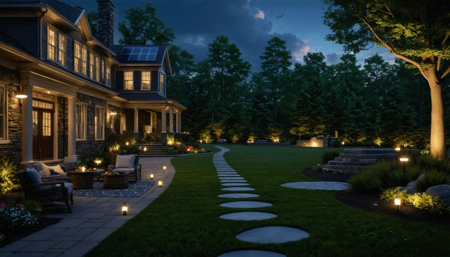 Illuminated backyard at night with solar-powered pathway lights and outdoor entertainment system