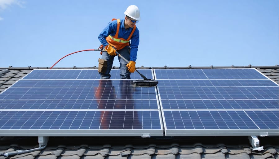 Homeowner performing maintenance on roof-mounted solar panels