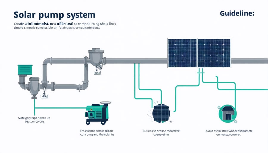 Labeled diagram of solar irrigation pump components including panels, controller, pump, and storage