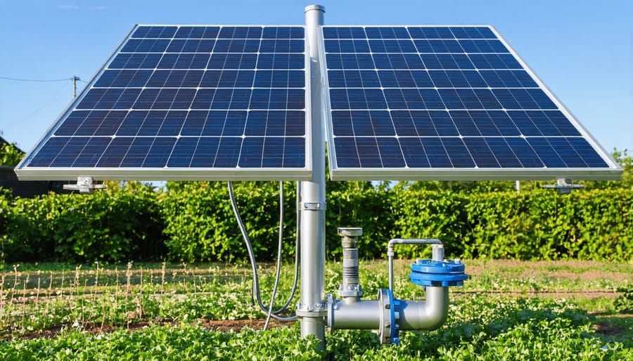 Solar irrigation pump system installed in a garden with visible solar panels and water distribution