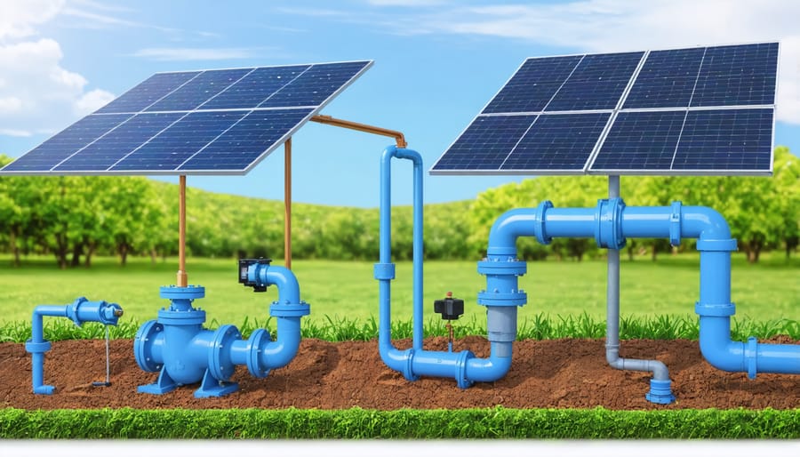 Sequential photos showing installation steps of a solar irrigation pump system