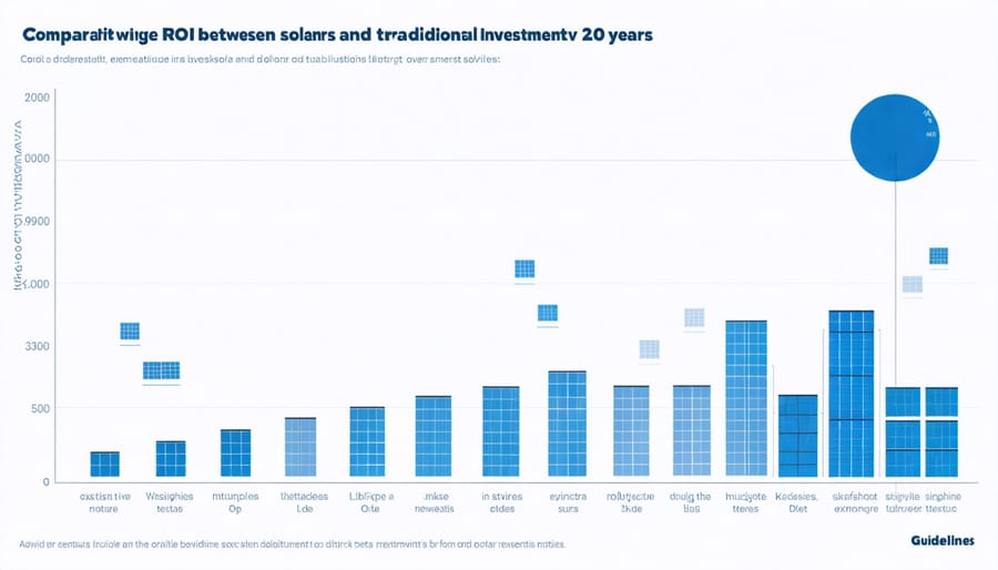 Line graph comparing returns on investment for solar installations versus stocks and real estate