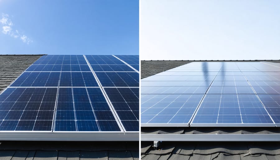 Side-by-side comparison of Tesla and LG solar panel installations with key features