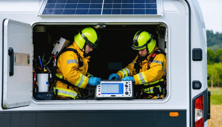 Team working with communication equipment in mobile command center during emergency response