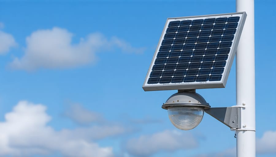 Detailed view of marine solar light components with protective features highlighted