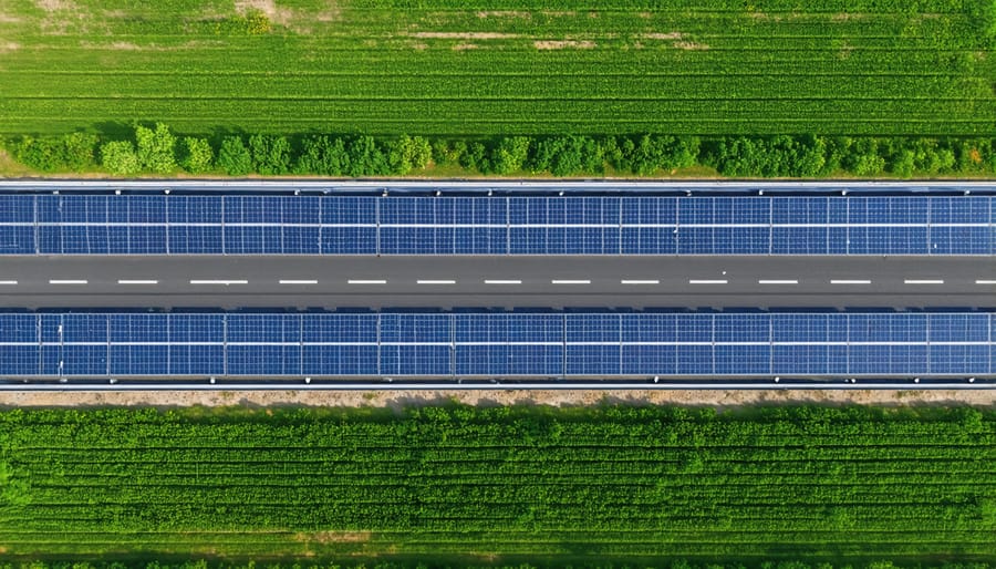 Bird's eye view of the SolaRoad bike path installation in the Netherlands showing solar panels integrated into the cycling surface