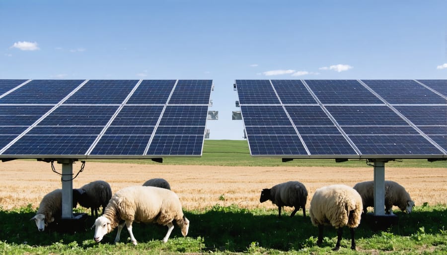 Agrivoltaic installation showing dual-use of farmland with solar panels and grazing sheep