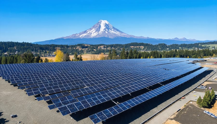 Large-scale solar panel array in Oregon's Willamette Valley with Mount Hood visible on the horizon