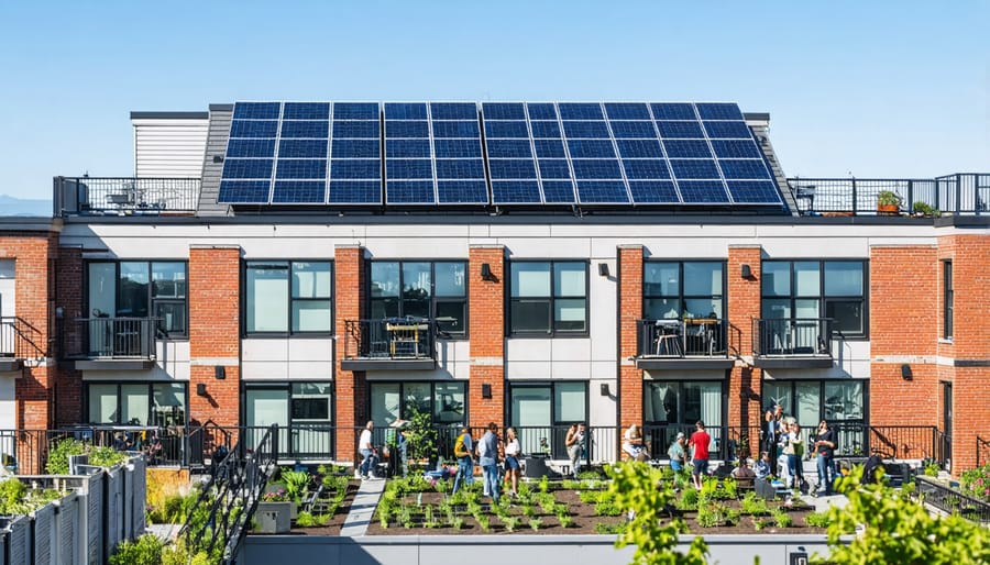 Multi-story apartment building in Portland with solar panels and community members in shared garden space
