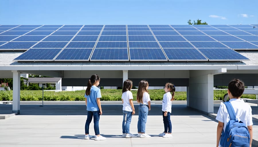 Young students gathered around a digital display showing real-time solar energy production data from their school's solar panels