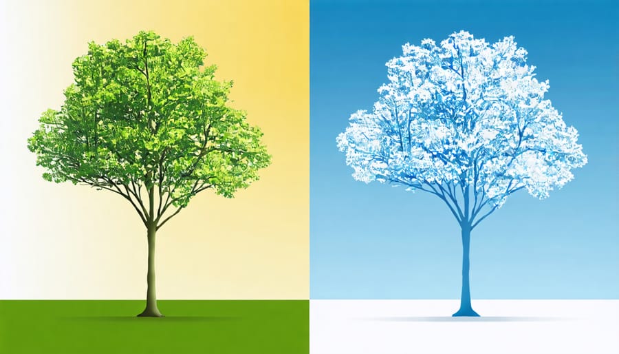 Illustration comparing deciduous tree shade patterns during summer and winter months