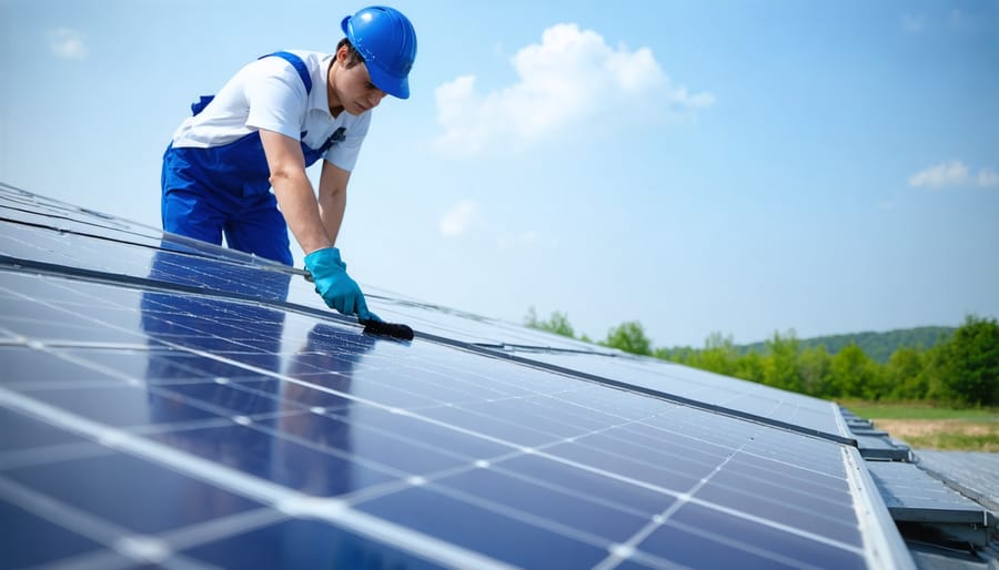 Homeowner safely cleaning solar collector panels with proper equipment