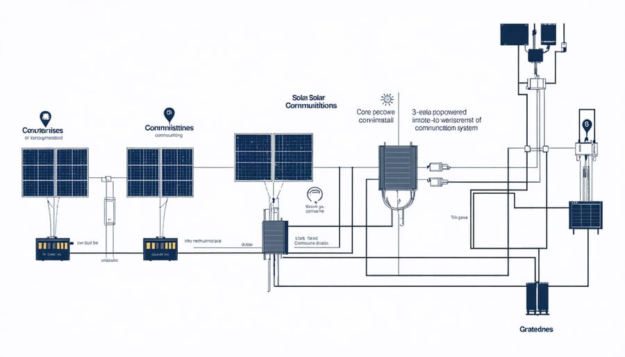 Technical illustration of solar panels, batteries, and communication equipment interconnections