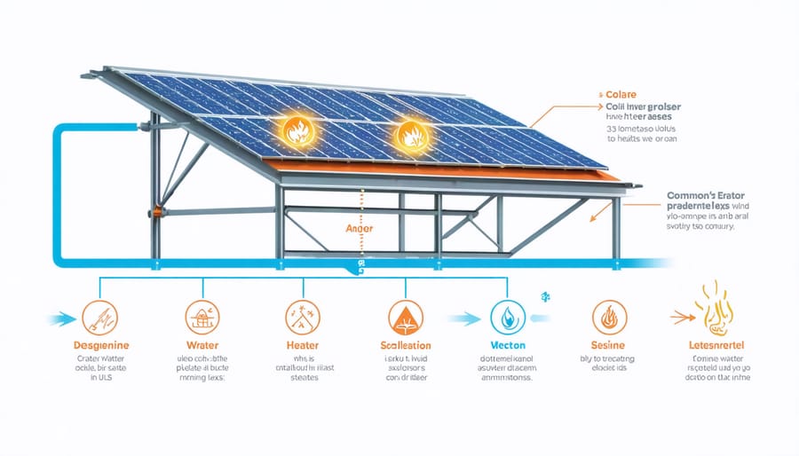 Labeled diagram of solar water heater components showing typical problem areas and warning signs
