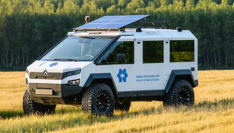 Emergency response vehicle with roof-mounted solar panels and communication equipment