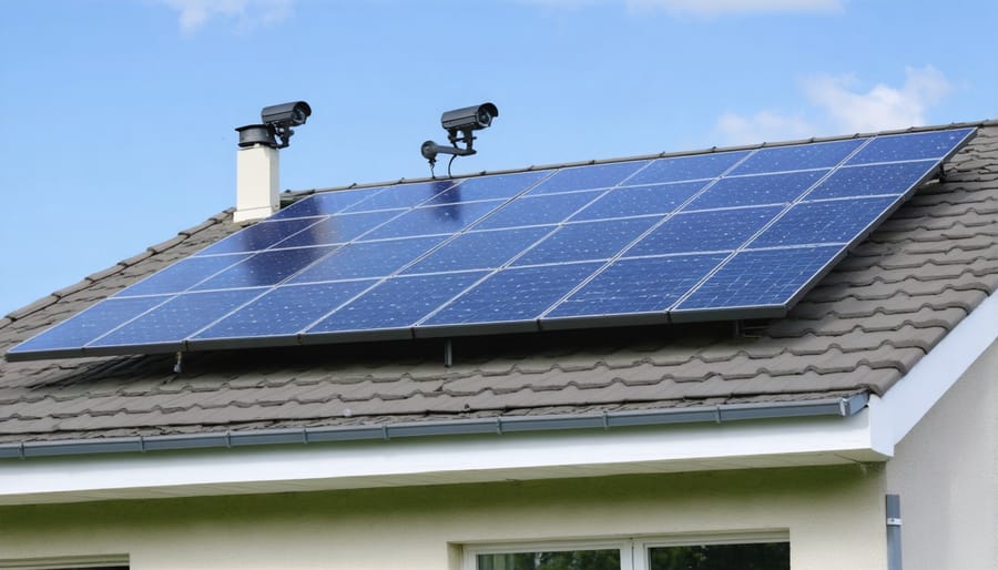 Home security cameras mounted near roof-installed solar panels