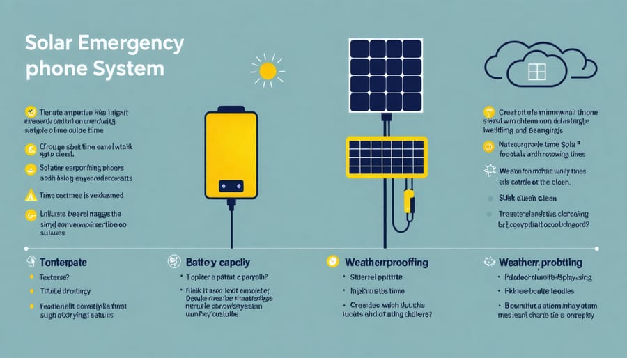 Visual diagram of solar emergency phone features and specifications