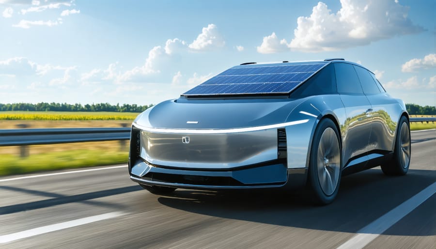 Electric vehicle equipped with integrated solar panels on its roof and hood
