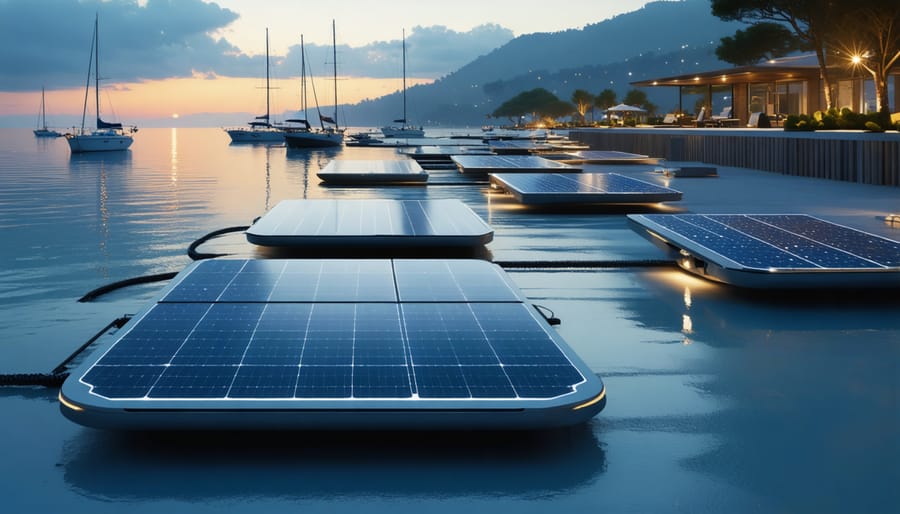 A visionary coastal landscape with modern floating solar panels and illuminated marine-grade solar lights, embodying the blend of cutting-edge renewable energy technology with the natural marine environment.