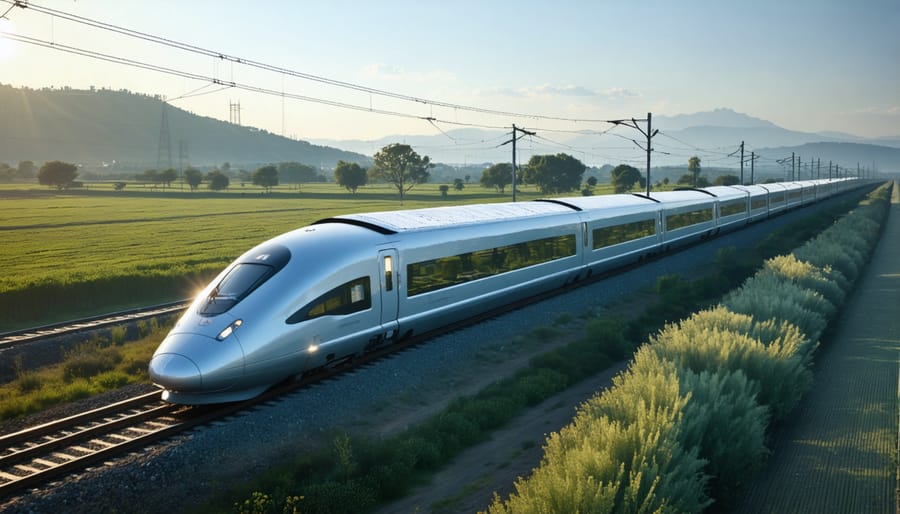 "A solar-powered train running on tracks with solar panels, symbolizing the fusion of renewable energy and modern transportation in a sustainable future."