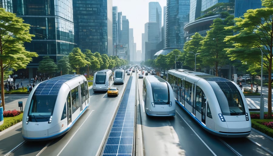 Futuristic cityscape depicting solar-powered vehicles including cars, buses, and trains, integrated with solar panels. The scene includes solar-powered infrastructure like buildings and charging stations, under a sunny, clear sky.