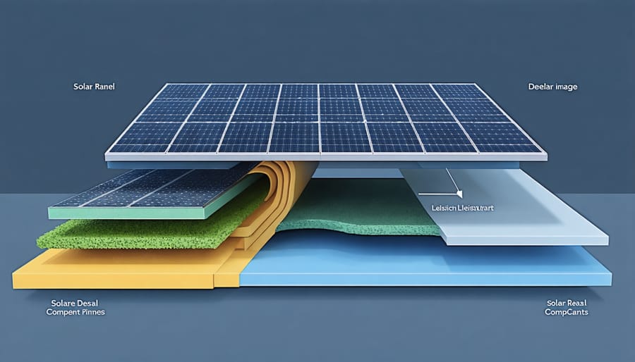Technical diagram showing the internal structure of a solar road panel including photovoltaic cells, protective layers, and electrical components