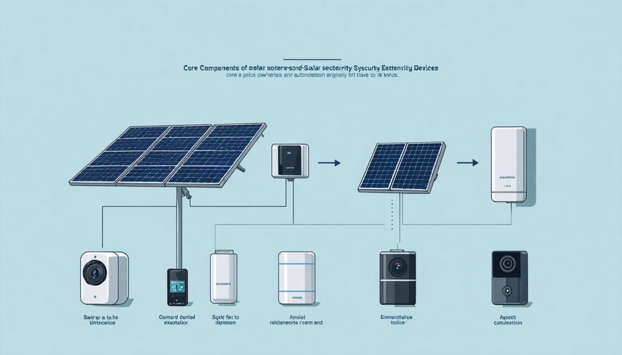 Labeled diagram illustrating how solar panels connect to batteries and security components