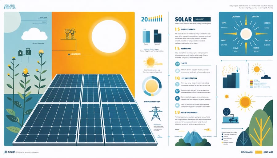 Educational diagram connecting solar technology to physics, mathematics, engineering, and environmental science concepts