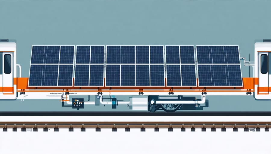 Cross-sectional diagram illustrating how solar panels are integrated into train systems and railway infrastructure