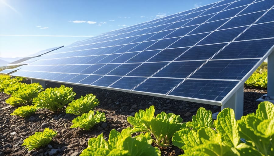 Residential solar installation surrounded by xeriscaping and drought-tolerant plants