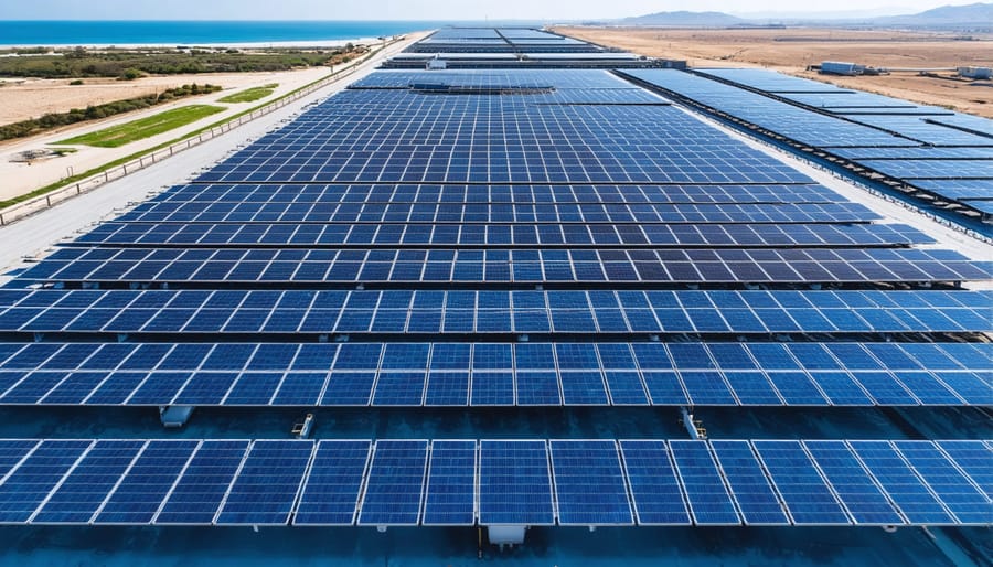 Bird's eye view of massive Sorek desalination facility with integrated solar array fields